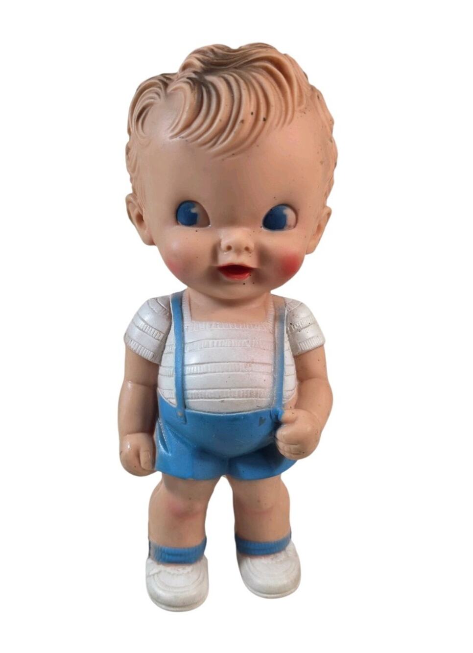 Vintage Sun Rubber Boy Play Doll Rubber Blue Overalls Blue Eyes